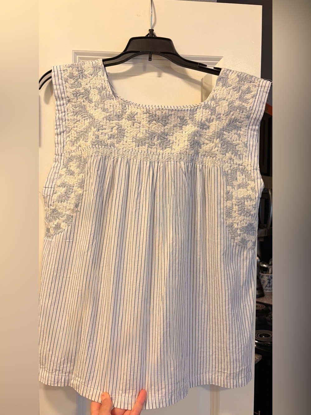 Sleeveless White & Blue Striped Embroidered Women’s Top